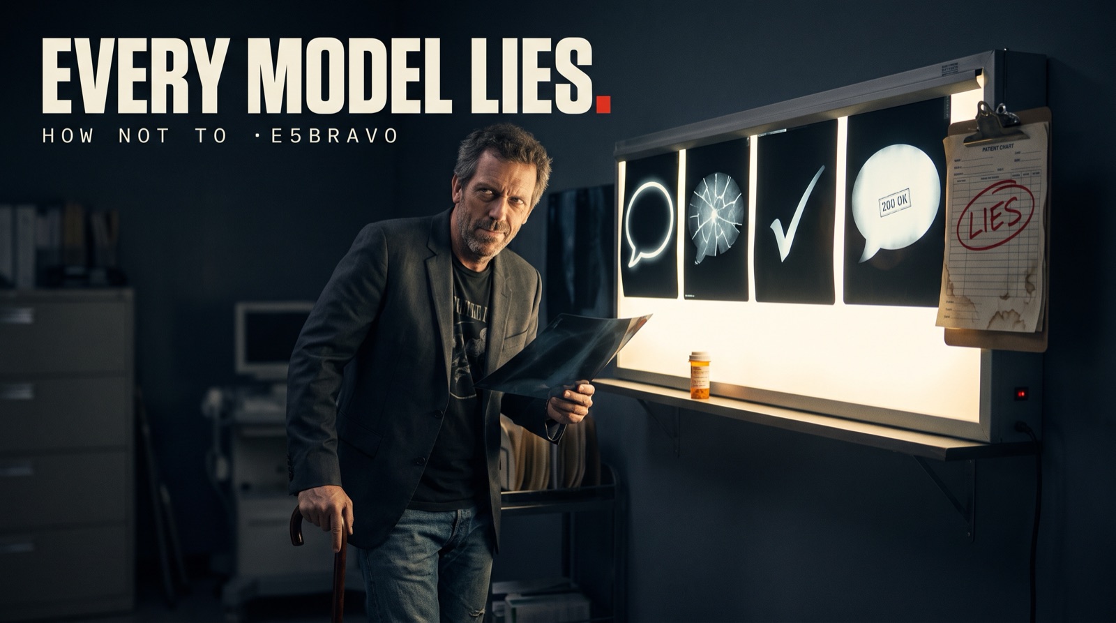 Every model lies. A doctor with a cane studies X-rays of speech bubbles, a broken lens, a checkmark and a 200 OK, beside a patient chart circled LIES.